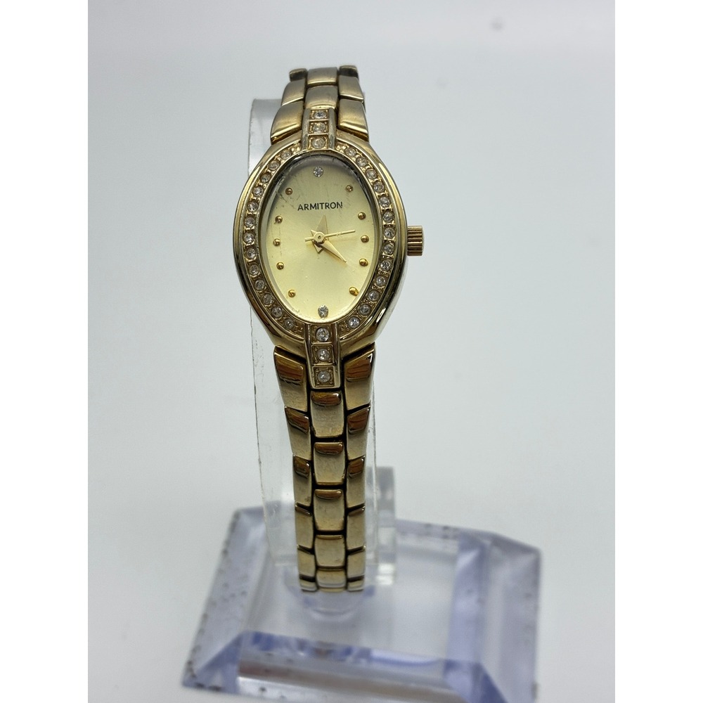Armitron Watch Womens Gold Tone Crystal Oval Dress 75/5701GP Japan Movt